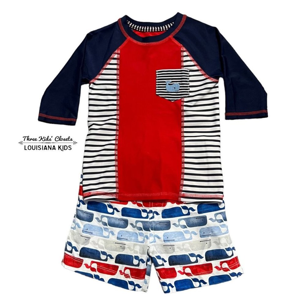 Mud Pie 2T-3T Nautical Whale Swim Trunks & Rashguard